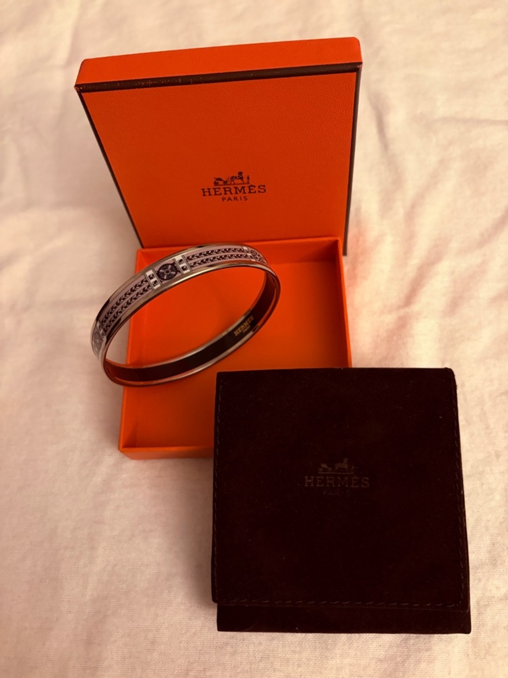 Hermès Enamel Narrow Bangle Bracelet in Purple, White and Silver